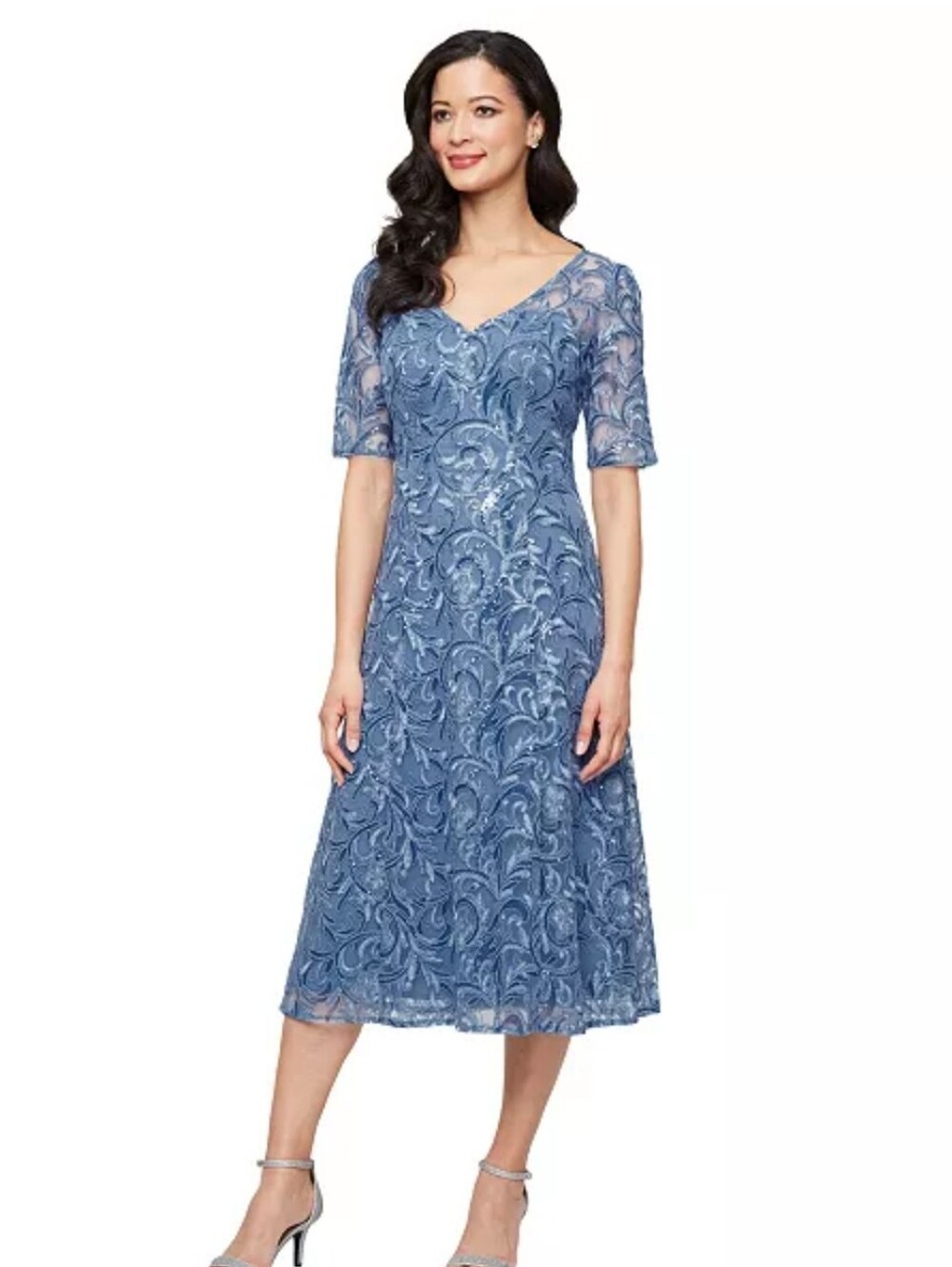 Alex Evenings NWT $199 Size 14 Dusty Blue Sequin Lace Midi Dress Wedding Formal